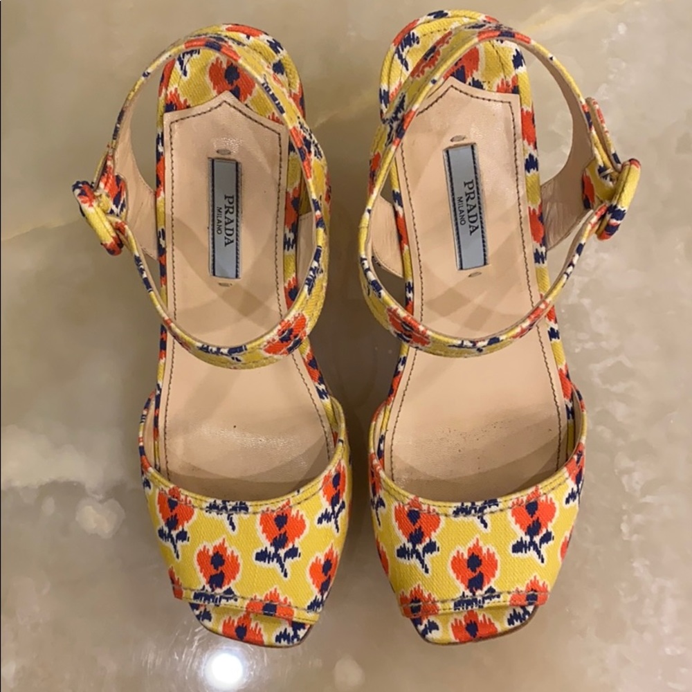 Prada yellow & floral platform, wedge sandals